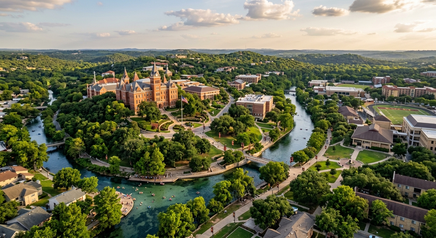 Aerial view of Texas State University campus in San Marcos Texas, showing Old Main Victorian Gothic building on Chautauqua Hill, green hilly terrain, San Marcos River flowing through campus, maroon and gold university banners, warm afternoon sunlight