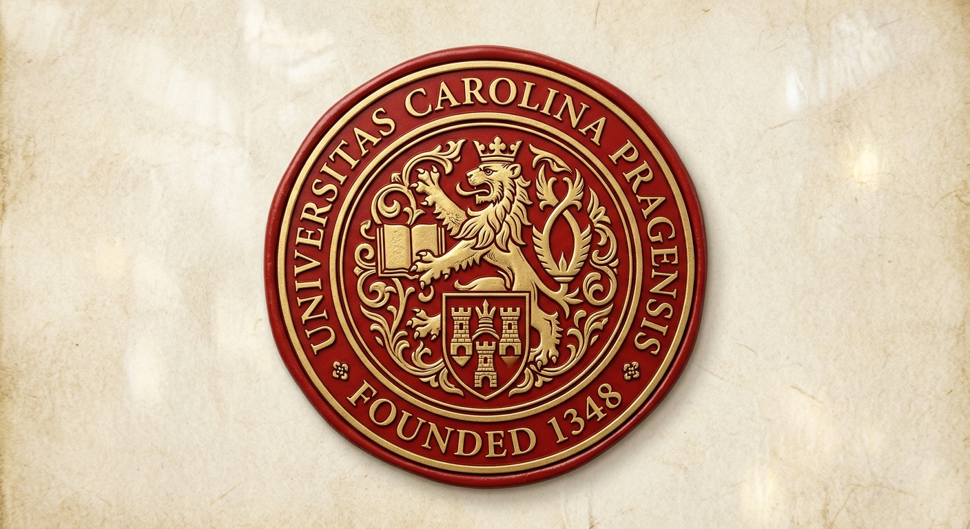 Charles University official logo featuring a red circular seal with the Latin inscription Universitas Carolina Pragensis and a crowned lion emblem