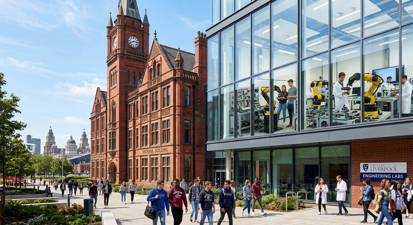 University of Liverpool redbrick Victoria Building with modern engineering laboratories, robotic arms and mechatronic equipment visible through large windows, students walking on campus grounds, Liverpool cityscape in background, sunny day