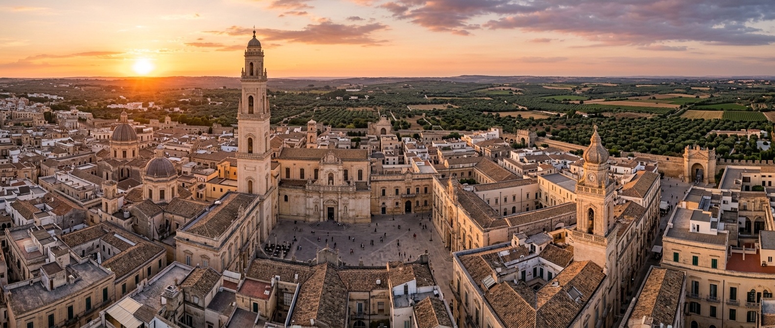 Panoramic view of Lecce Italy historic centre, Baroque architecture in golden Lecce stone, Piazza del Duomo with bell tower, warm sunset light over rooftops, olive groves in the distance