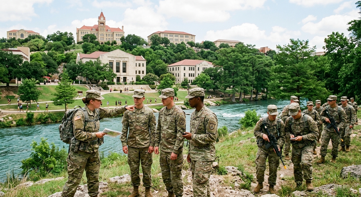 Texas State University campus in San Marcos, Texas with cadets in Army ROTC uniforms conducting outdoor leadership training near the San Marcos River, green hills and limestone buildings in background