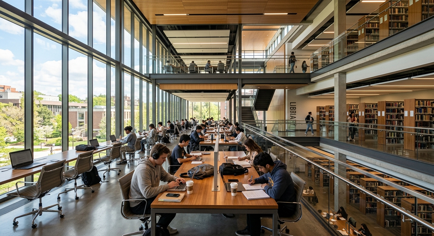 Modern university library interior with students studying at desks, large windows with natural light, multiple floors visible, contemporary design