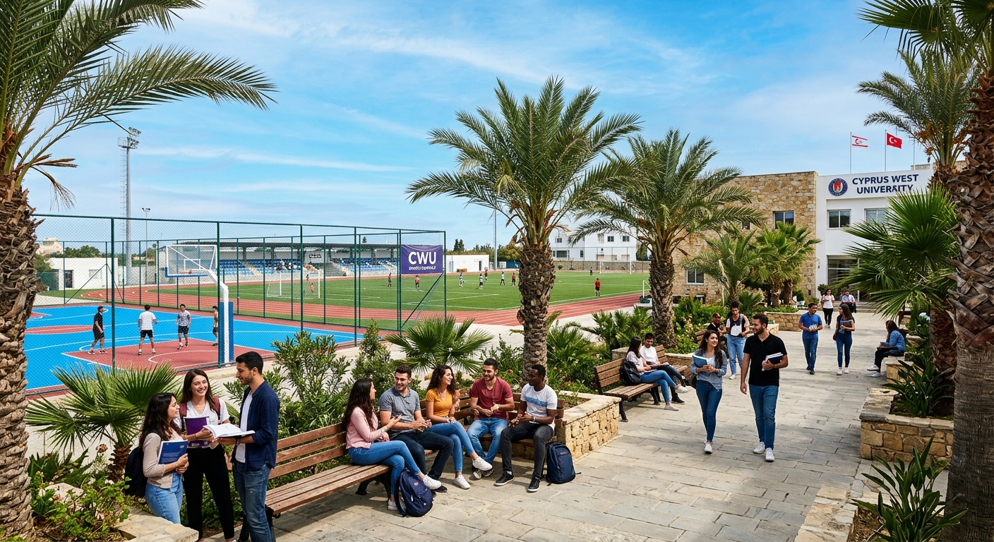 Cyprus West University campus outdoor area, palm trees, students socializing on benches, sports facilities visible in background, clear blue sky