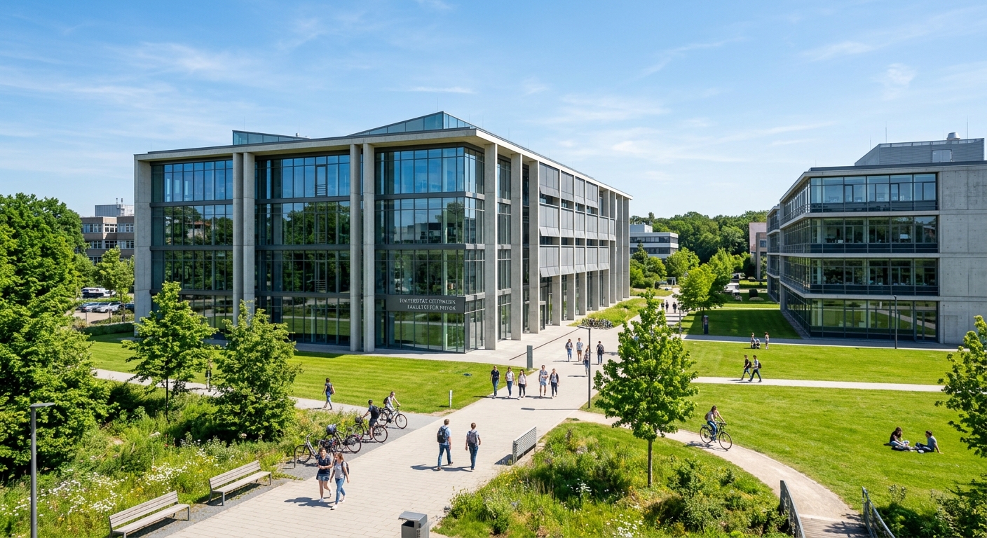 University of Göttingen North Campus modern science buildings, glass and concrete architecture, green lawns, research laboratories, sunny day