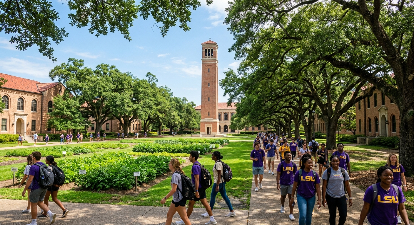 Louisiana State University campus with lush green oak trees, historic brick buildings, students walking near agricultural fields and the iconic Memorial Tower in Baton Rouge, Louisiana
