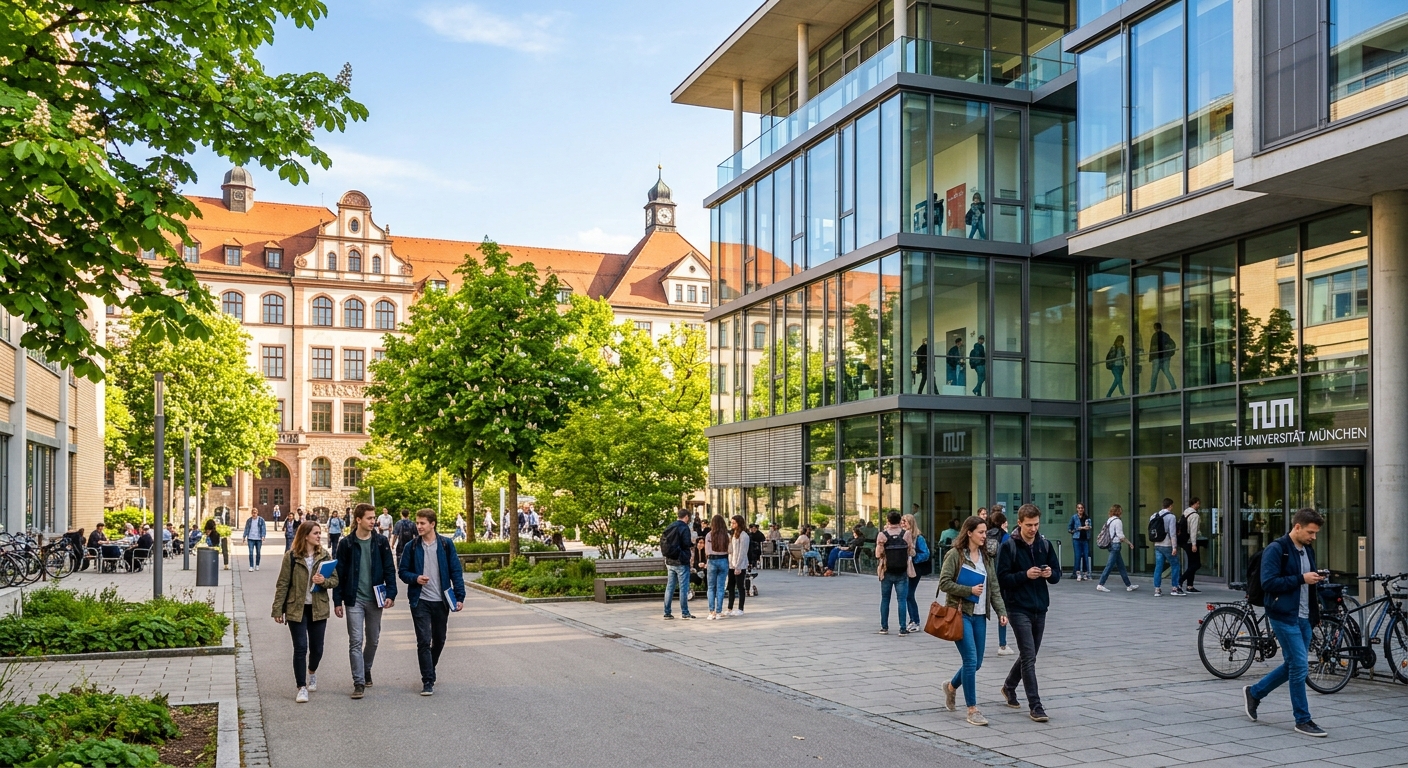 Modern TUM campus building in Munich with glass facade and students walking through a sunlit courtyard, green trees and Bavarian architecture in the background