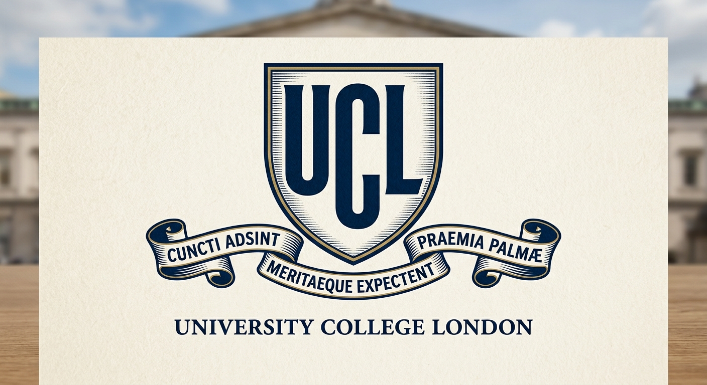 UCL University College London official logo, dark blue shield with stylized text UCL and banner reading Cuncti Adsint Meritaeque Expectent Praemia Palmae
