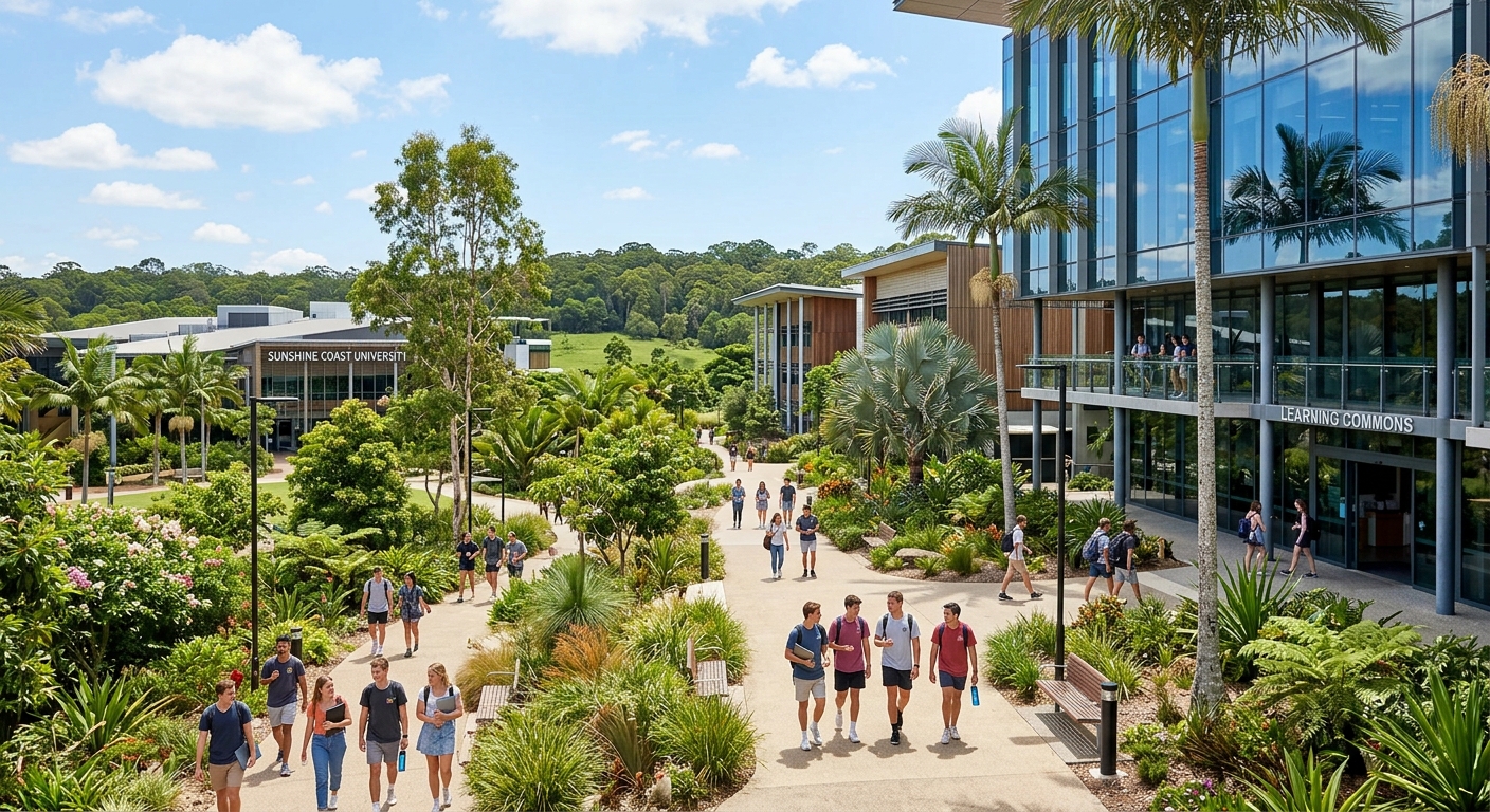 Modern university campus at the Sunshine Coast Australia with subtropical landscaping, contemporary glass buildings, students walking along tree-lined pathways, blue sky with scattered clouds, lush green surroundings