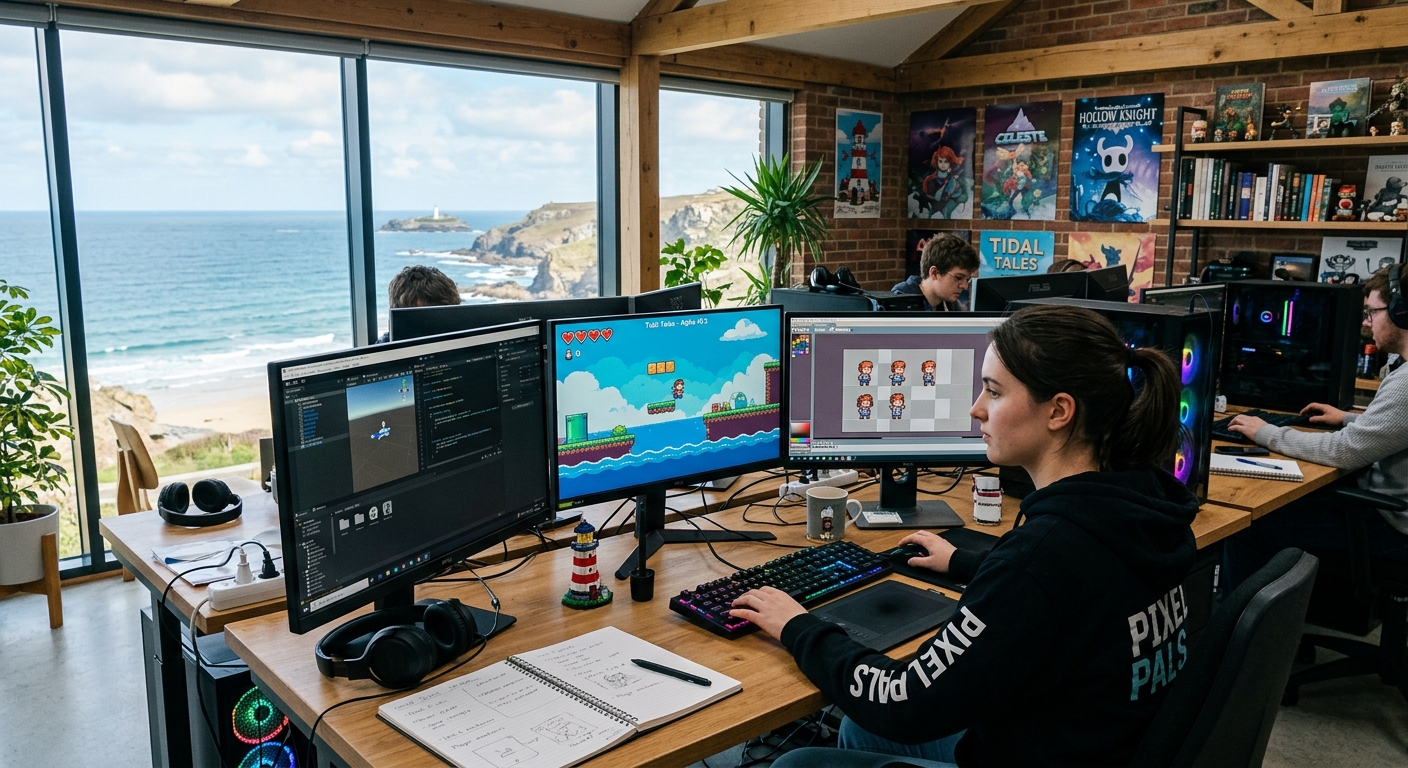 Creative game development workspace with multiple monitors displaying indie game prototypes, game engine interfaces, and pixel art, set in a modern coastal university studio with natural light streaming through large windows overlooking Cornwall coastline