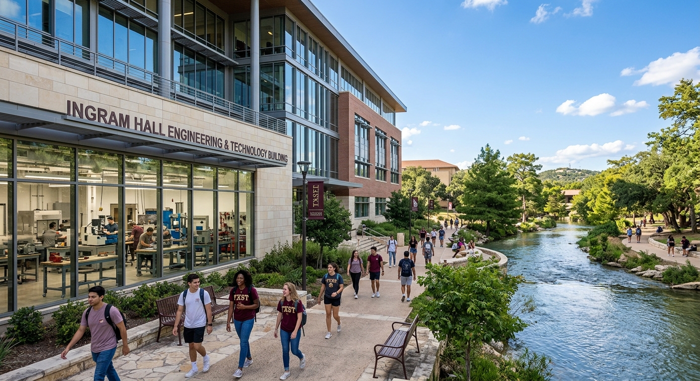 Texas State University campus in San Marcos with modern engineering technology building, students walking along tree-lined paths near the San Marcos River, concrete laboratory equipment visible through large windows, sunny Texas sky