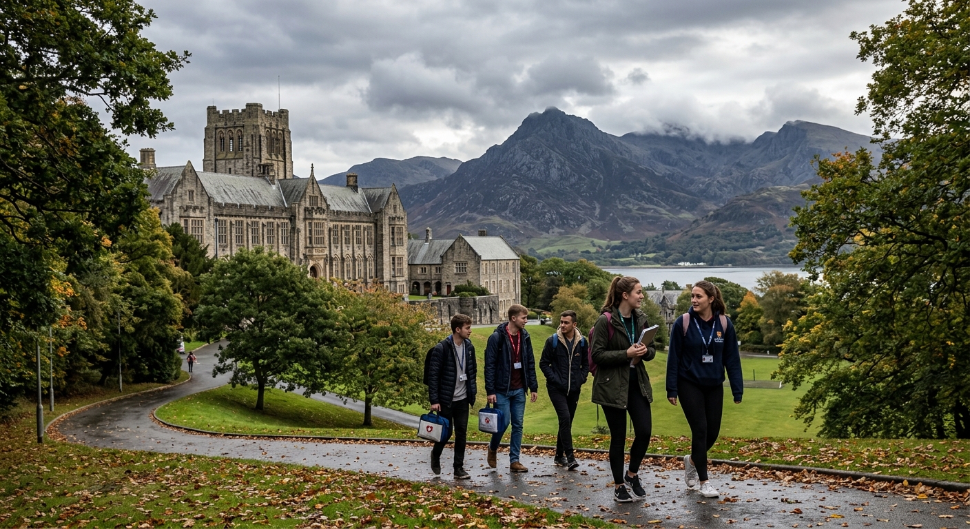 Bangor University campus with historic stone buildings set against the backdrop of Snowdonia mountains in North Wales, health sciences students walking along tree-lined pathways, overcast sky with dramatic mountain scenery