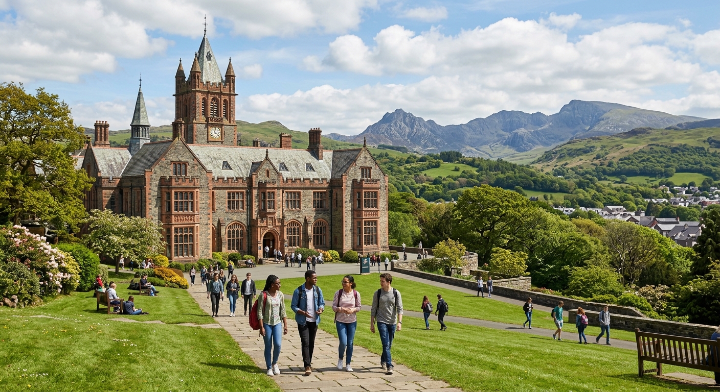 Bangor University main building with historic architecture surrounded by green hills, Snowdonia mountains visible in the background, students walking across campus on a sunny day in North Wales