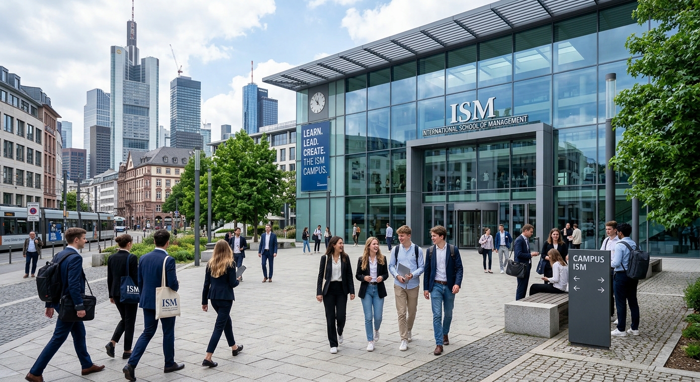 Modern ISM campus building in Germany with glass facade, students walking through courtyard, urban cityscape in background, professional business school atmosphere