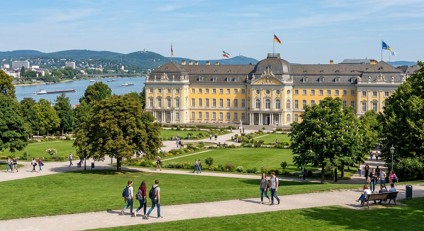 University of Bonn main building, the former Electoral Palace (Kurfürstliches Schloss), baroque architecture with yellow facade, Hofgarten park in foreground, students walking, Rhine River city backdrop, clear sky