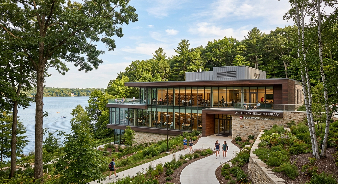 Oscar Rennebohm Library at Edgewood College, a modern 40000 square foot building overlooking Lake Wingra with large windows and study spaces, surrounded by mature trees