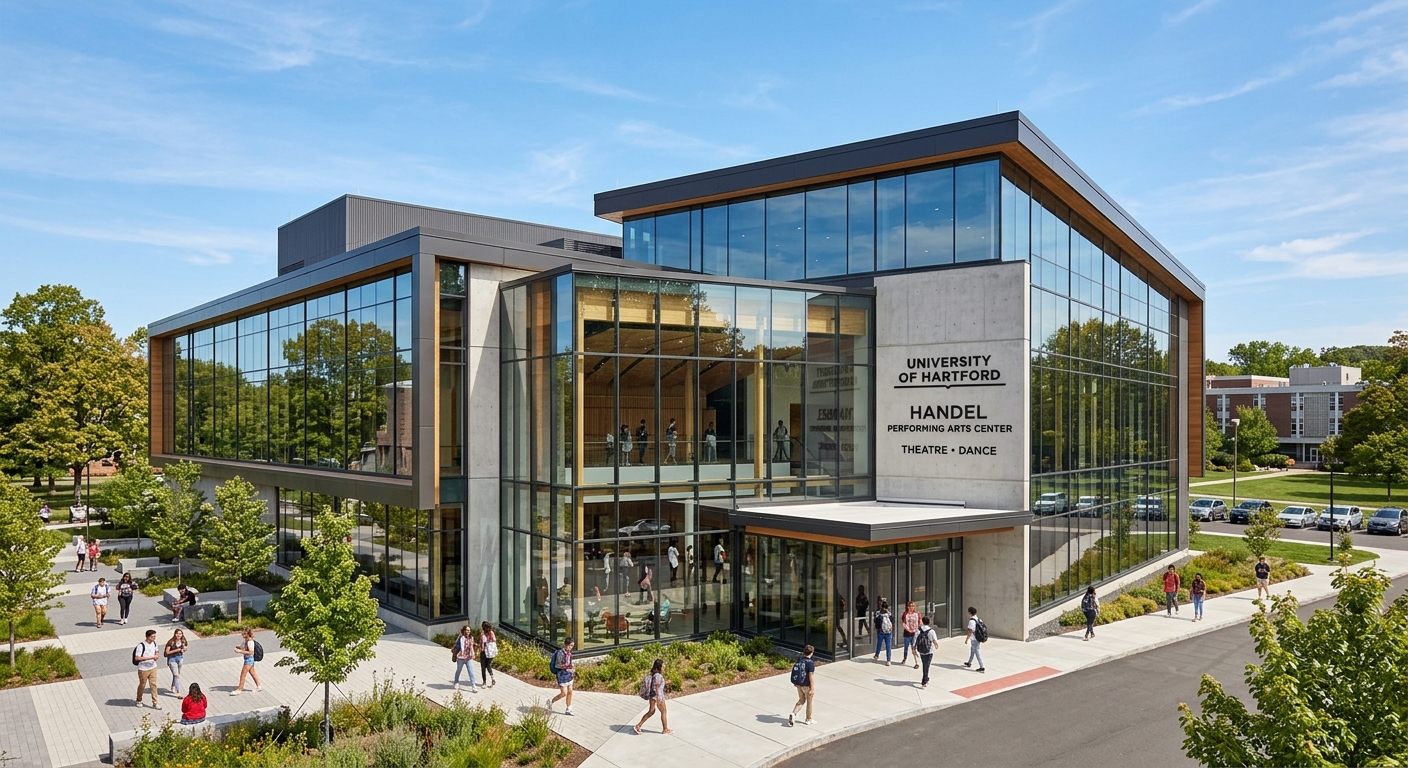 Handel Performing Arts Center at University of Hartford, a contemporary 55000 square foot facility with large glass windows and modern architecture for theatre and dance