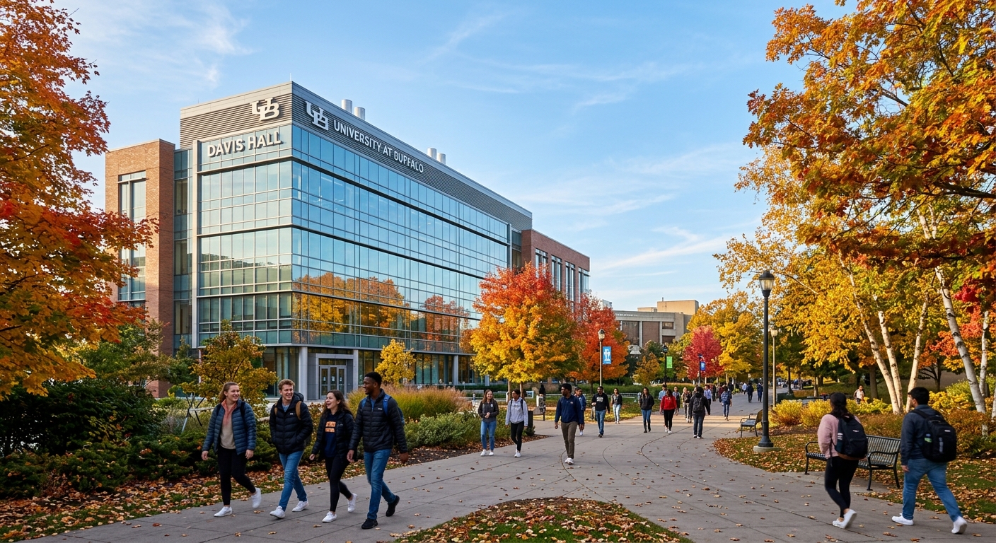University at Buffalo North Campus engineering building with modern glass facade, students walking on tree-lined pathways, autumn foliage in Buffalo New York, clear sky