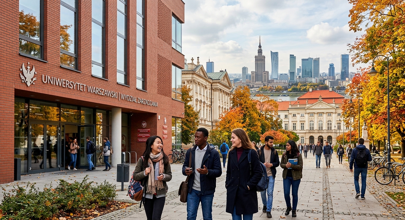 University of Warsaw Faculty of Management building exterior with international students walking on campus, historic Polish architecture in background, autumn trees lining the pathway, Warsaw cityscape visible