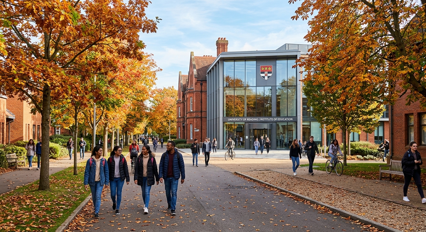 University of Reading London Road campus, Institute of Education building with modern refurbished facade, students walking through tree-lined pathways, bright autumn day in Reading, Berkshire, United Kingdom
