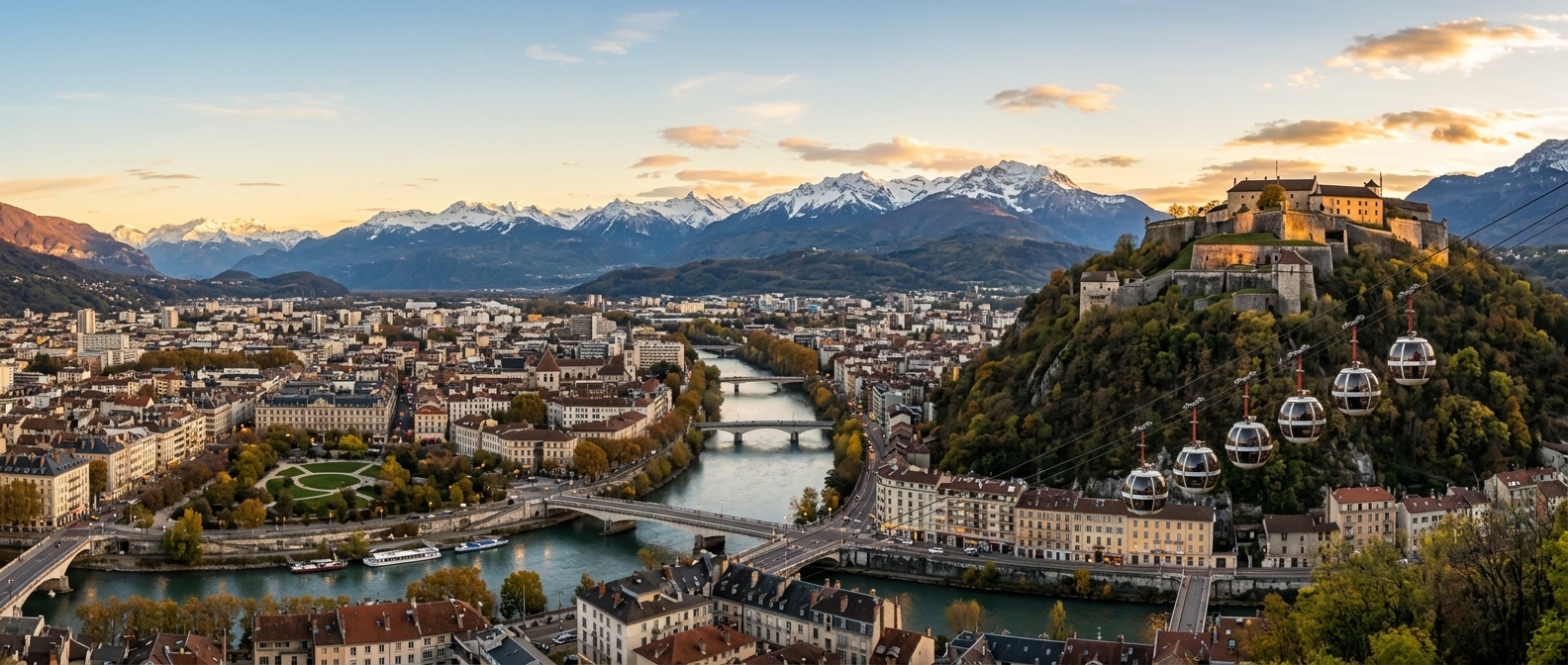 Panoramic cityscape of Grenoble France with the Bastille fortress on the hilltop, the Isère river flowing through the city center, cable cars, and snow-capped Alpine peaks in the background at golden hour