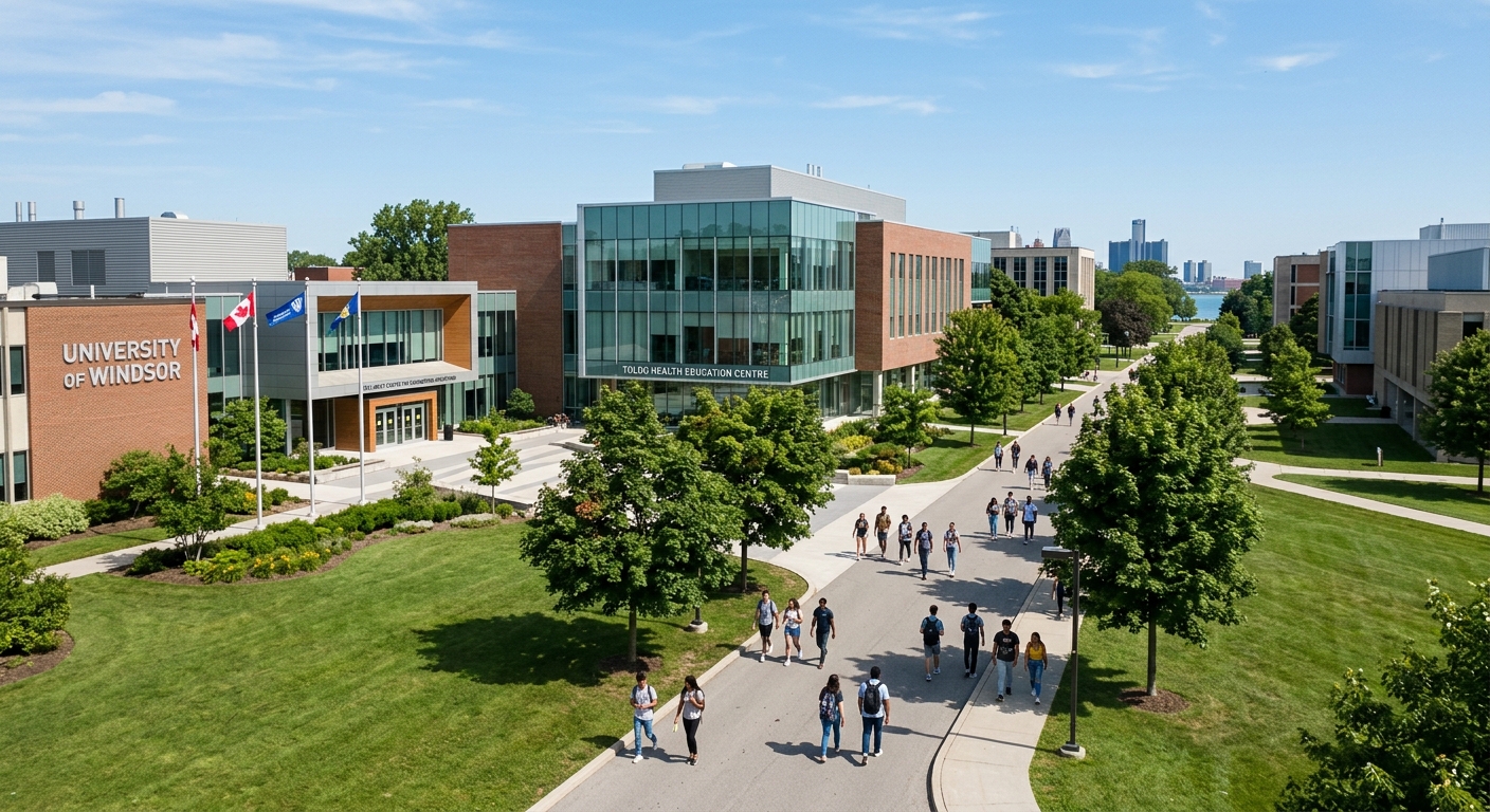 University of Windsor campus in Ontario, Canada, with modern academic buildings, green lawns, and students walking along tree-lined pathways under a clear sky