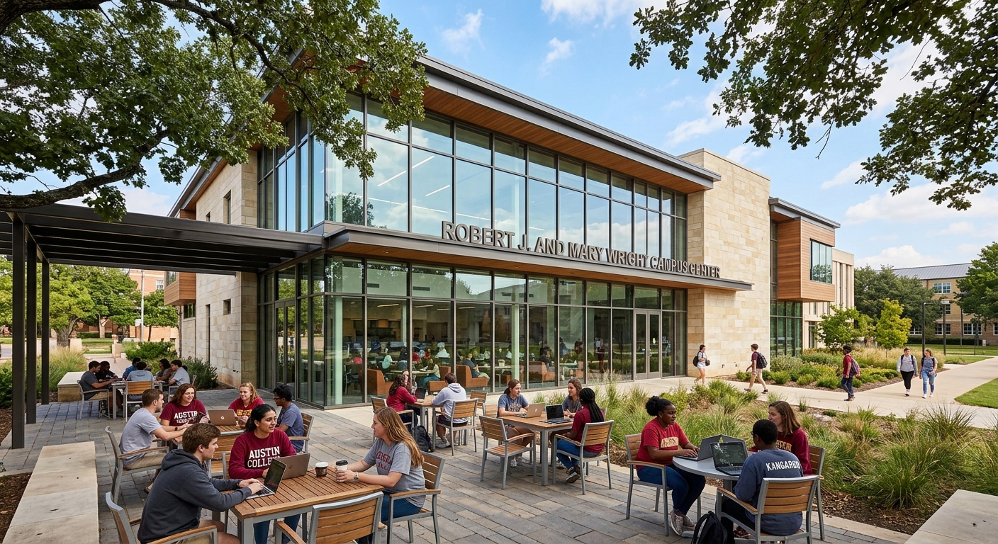 Robert J. and Mary Wright Campus Center at Austin College, modern student gathering space with large windows and outdoor patio area