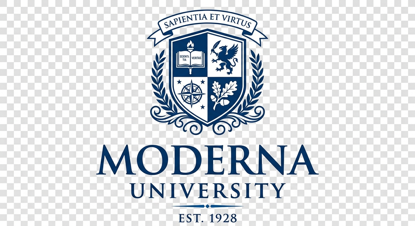 Moderna University official logo, stylized text reading Moderna with academic crest design, blue and white color scheme on transparent background