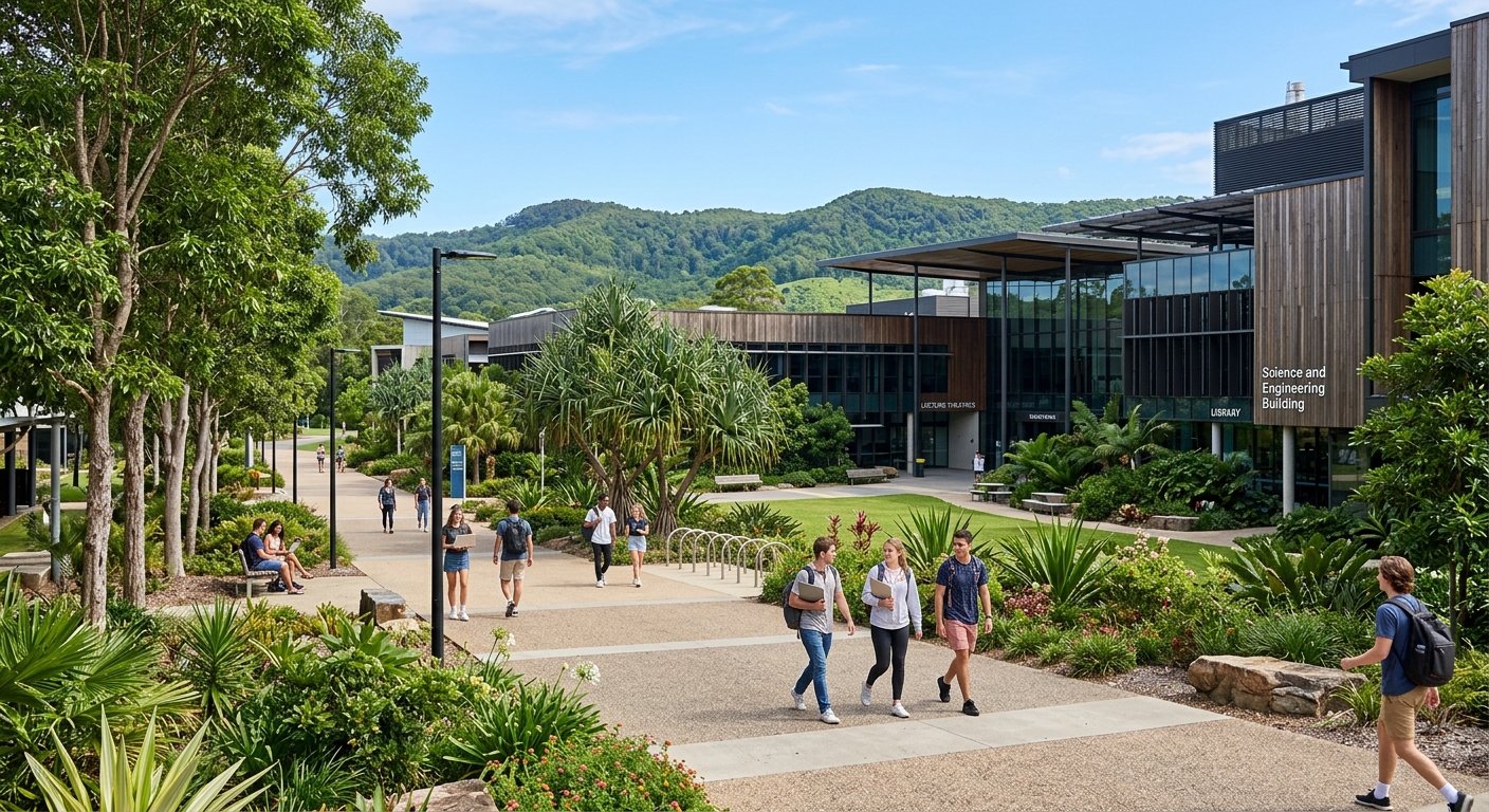 Modern university campus at the Sunshine Coast Australia with subtropical landscaping, contemporary lecture buildings, students walking along tree-lined pathways, blue sky and green hills in background