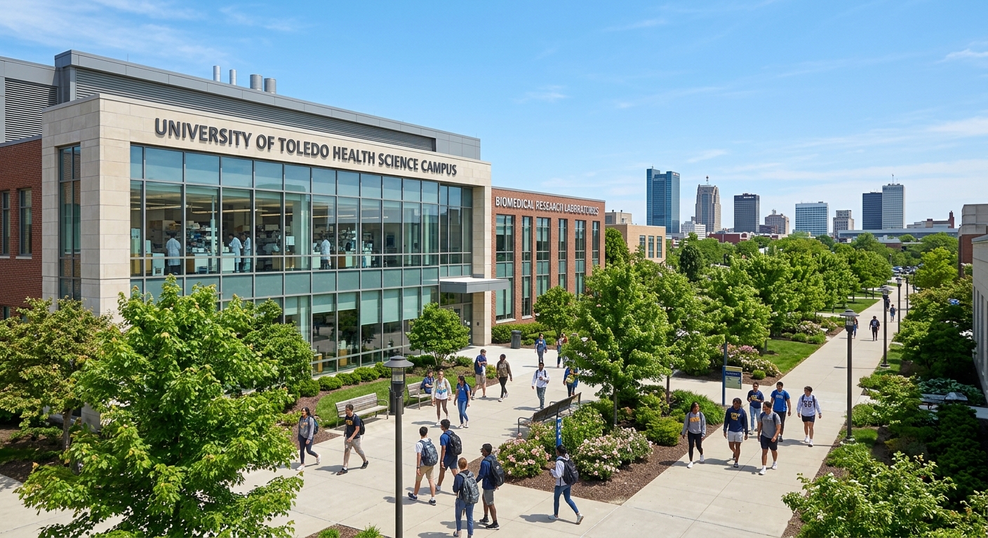 University of Toledo Health Science Campus building with modern biomedical research laboratories, students walking along tree-lined pathways, Toledo Ohio skyline in background, clear blue sky