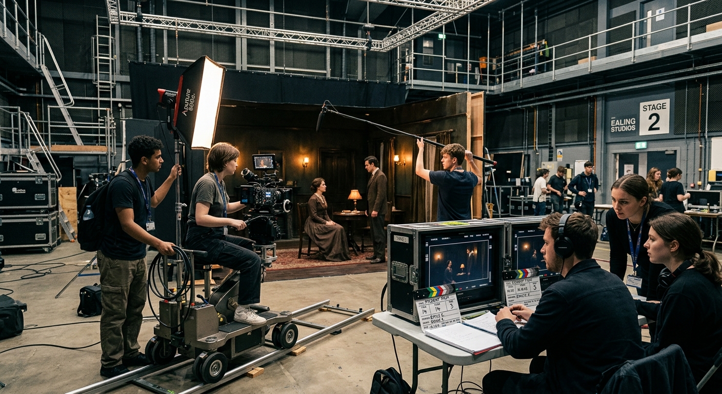 Modern film production studio at Ealing Studios London, students operating professional cameras and lighting equipment on a film set, director reviewing footage on monitor, creative and collaborative atmosphere with industrial studio backdrop
