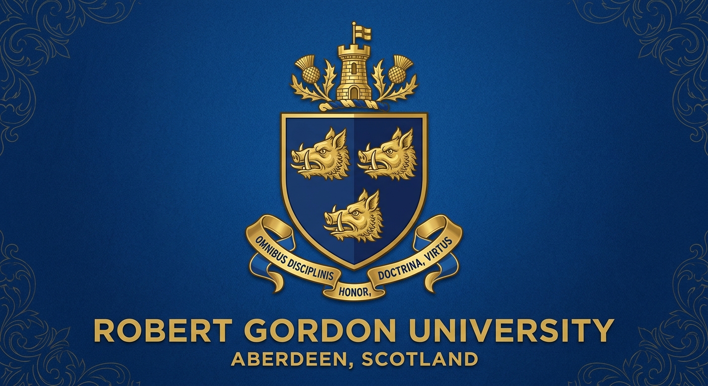 Robert Gordon University official logo featuring three golden boar heads on a blue shield with the university name in modern typography