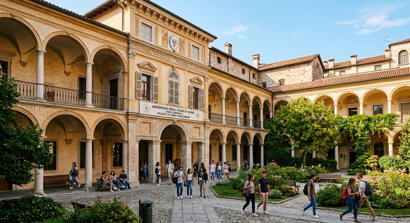 University of Udine historic campus building in the city center of Udine, Italy, with classical Italian architecture, arched walkways, and students walking through a sunlit courtyard surrounded by greenery