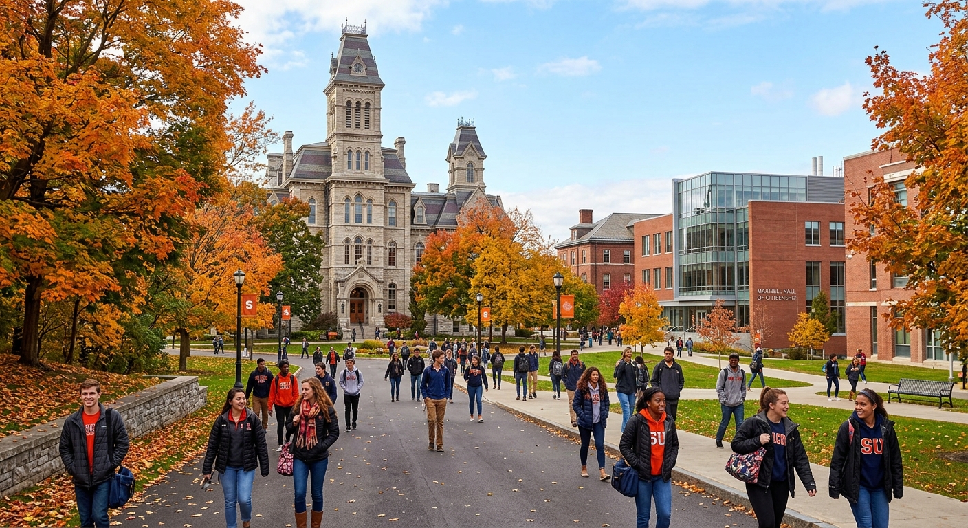 Syracuse University campus in autumn with the Hall of Languages building, students walking on tree-lined paths with orange and gold foliage, modern and historic architecture blending together