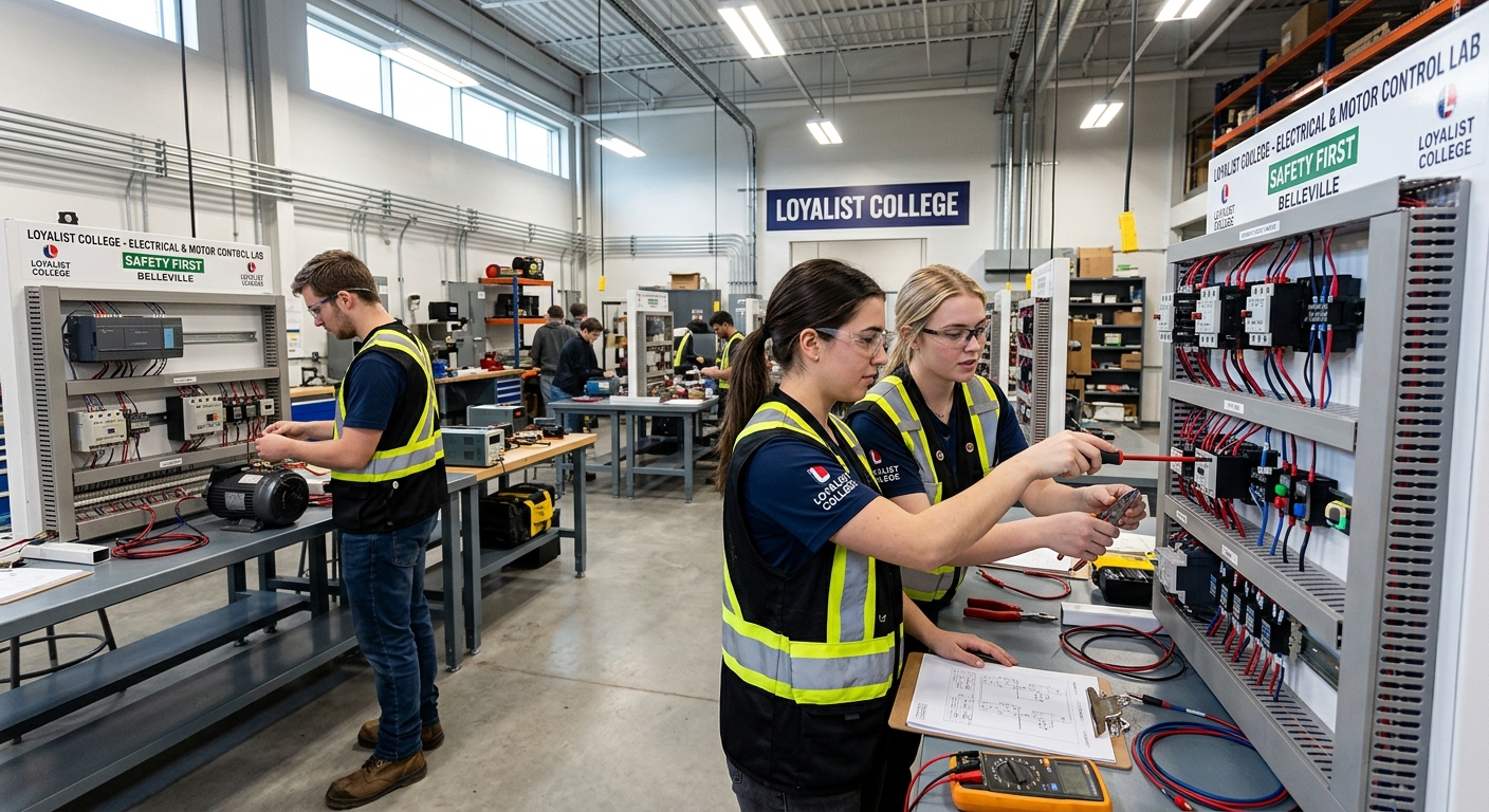 Students working on electrical wiring panels and motor control circuits in a modern trades workshop at Loyalist College, Belleville, Ontario, bright overhead lighting, safety equipment visible