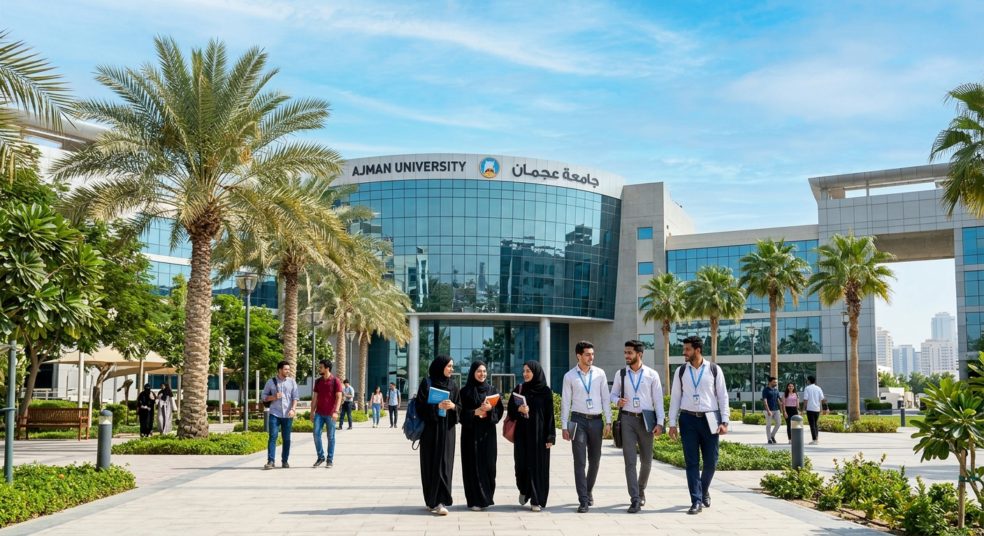 Modern Ajman University campus building with glass facade and palm trees, engineering students walking through courtyard, clear blue sky in Ajman, United Arab Emirates