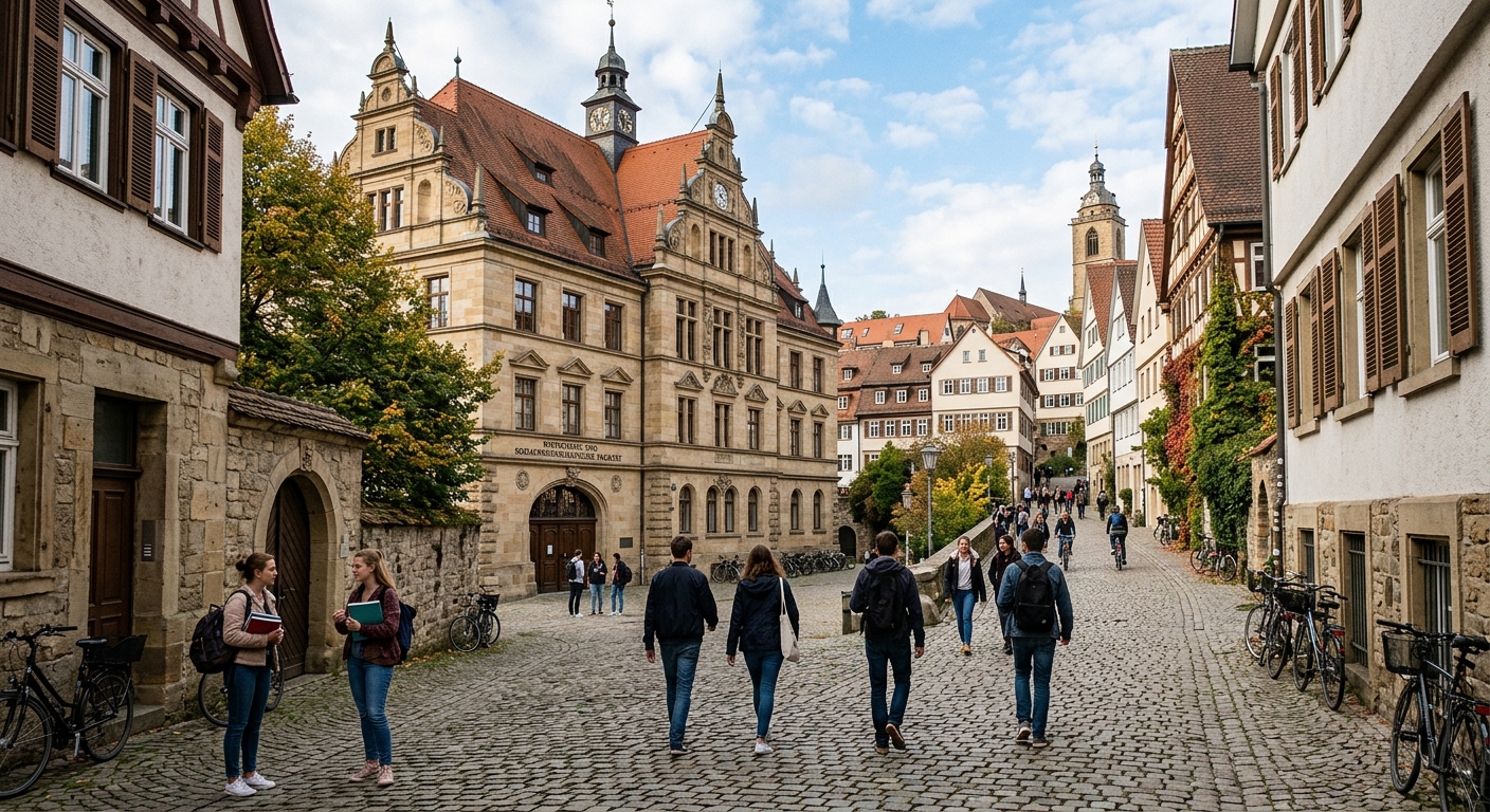Historic University of Tübingen campus with traditional German architecture, cobblestone streets, and students walking near the Faculty of Economics and Social Sciences building in Baden-Württemberg, Germany
