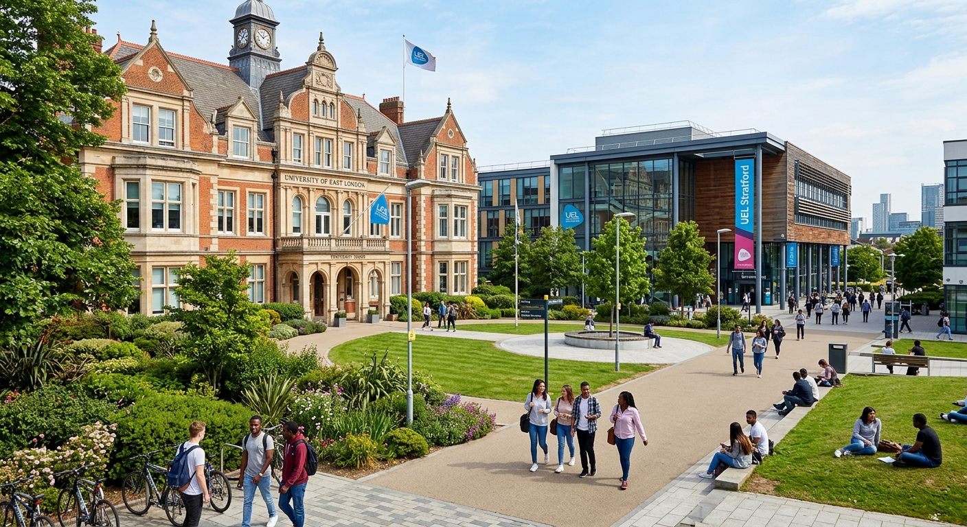 UEL Stratford campus historic University House building surrounded by modern academic buildings, green landscaping, students on campus grounds
