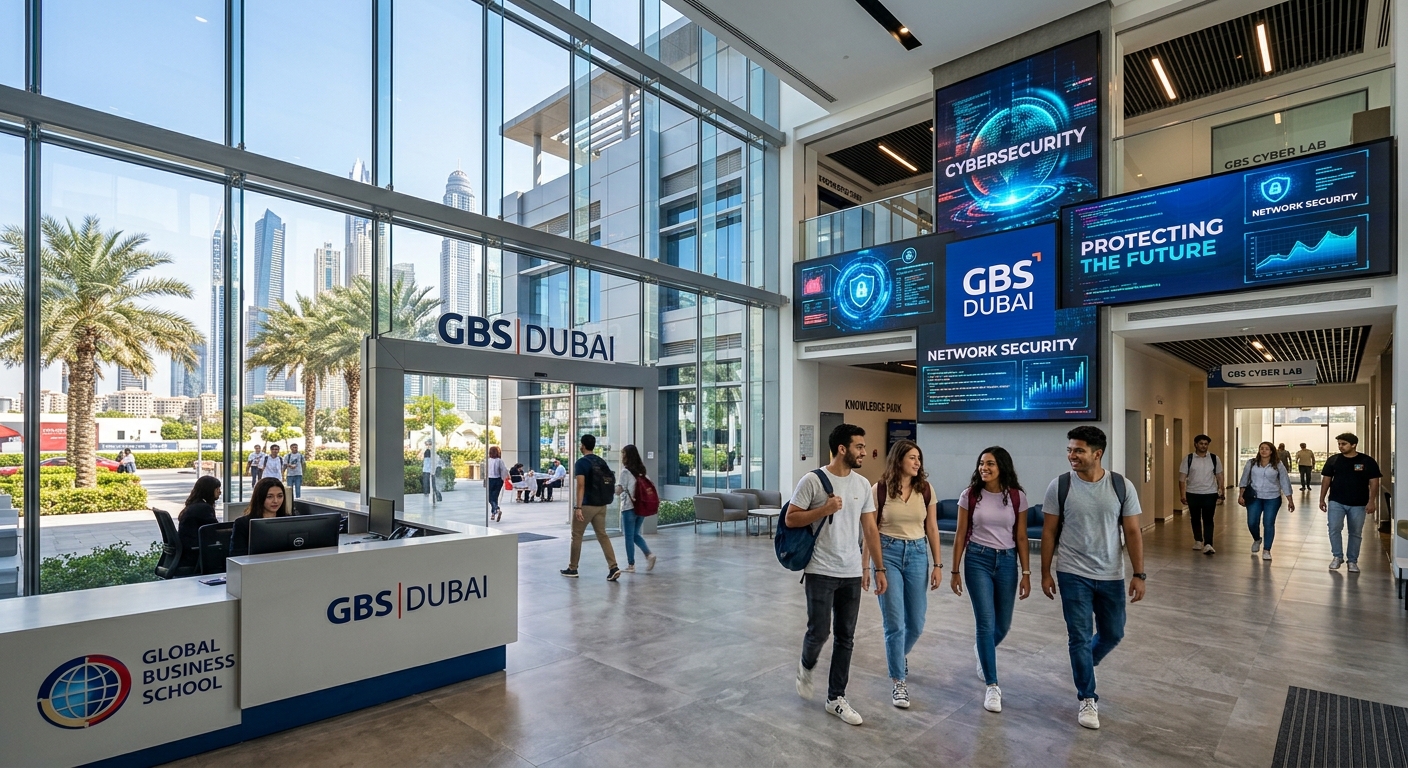 Modern GBS Dubai campus building in Dubai Knowledge Park, students walking through a bright contemporary lobby with digital screens displaying cybersecurity graphics, palm trees visible through floor-to-ceiling windows, Middle Eastern cityscape in background