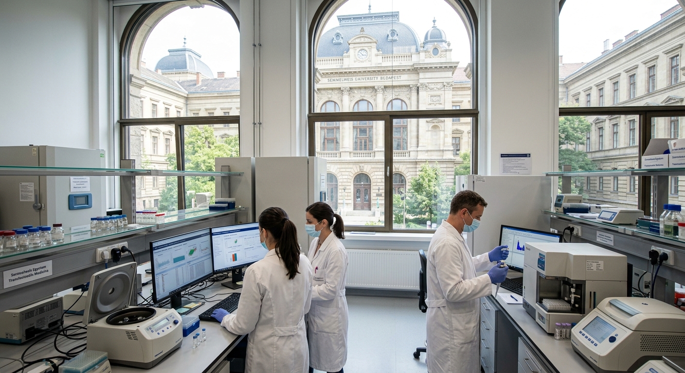 Modern medical research laboratory at Semmelweis University Budapest, researchers in white coats analyzing clinical data on screens, bright lighting, translational medicine equipment visible, historic European university architecture in background