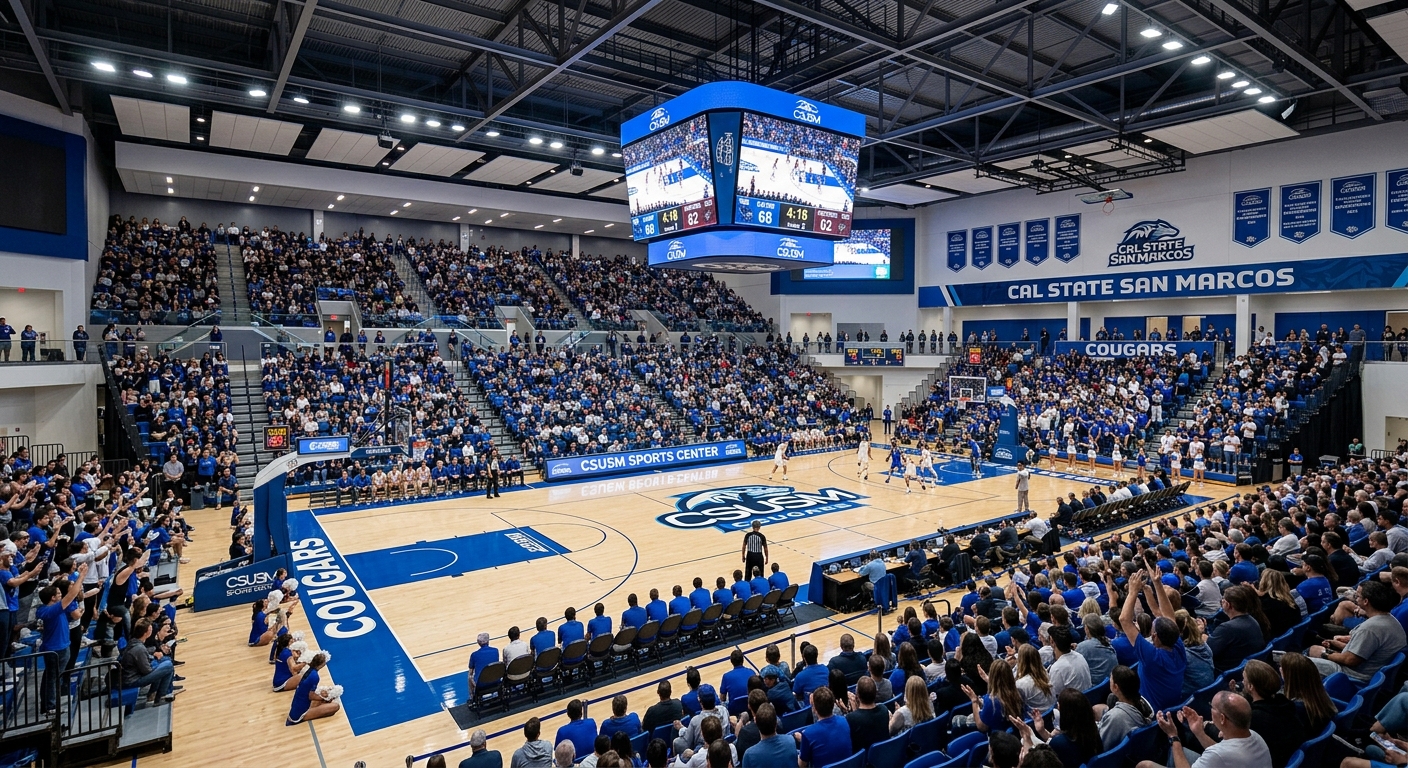 CSUSM Sports Center arena interior, basketball court with blue and white team colors, modern lighting and seating for spectators