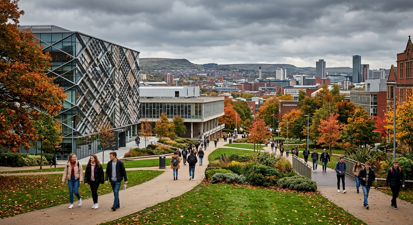University of Sheffield campus with modern architecture buildings, students walking through green spaces, Sheffield cityscape in background, overcast British sky with autumn trees