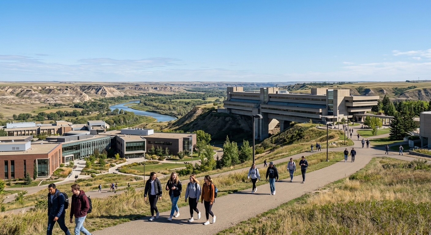 University of Lethbridge campus overlooking the Oldman River valley in southern Alberta, modern university buildings with prairie landscape and clear blue sky, students walking along pathways near the iconic Arthur Erickson-designed University Hall