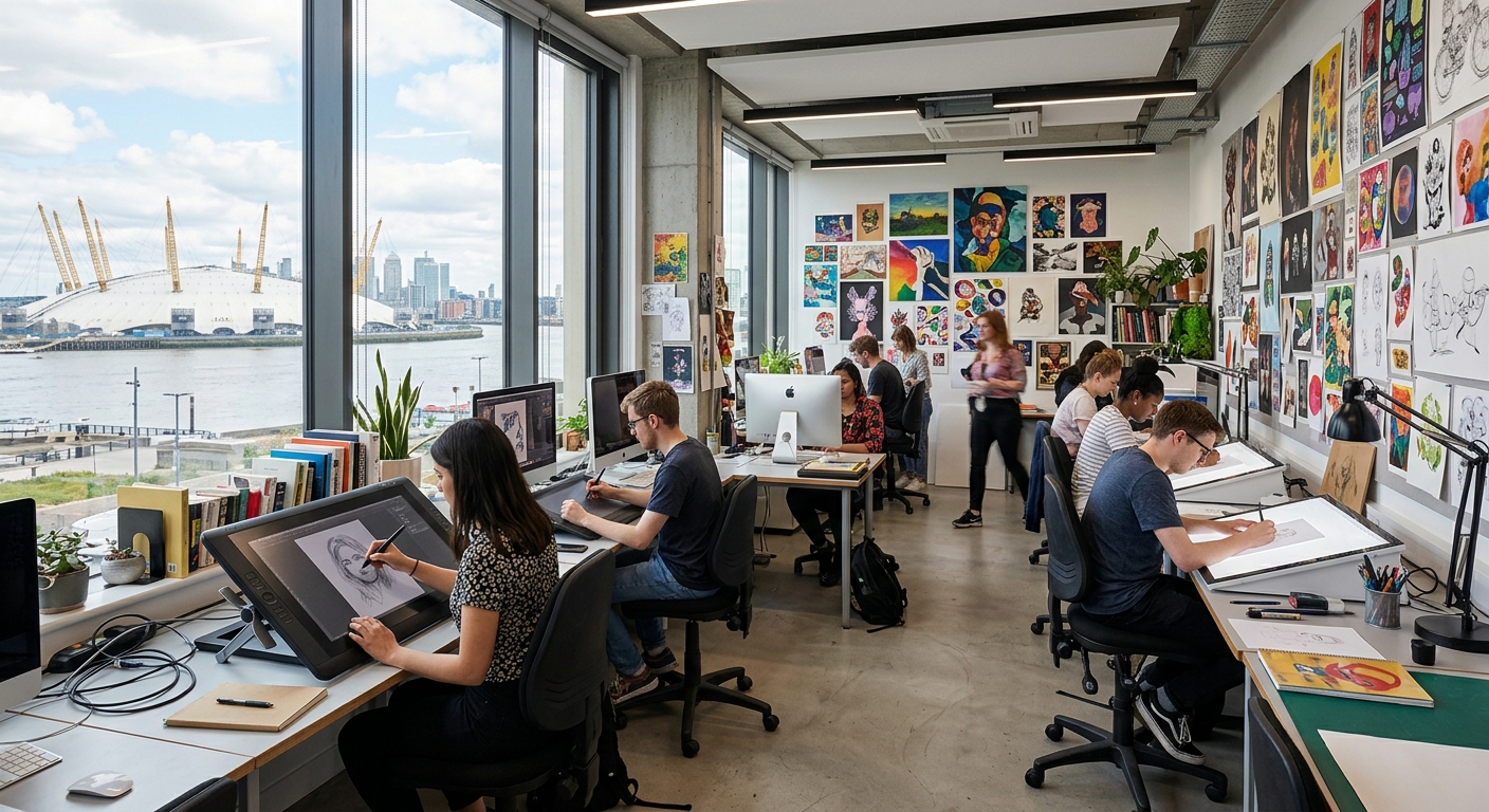 Modern creative studio at Ravensbourne University London with illustration students working at drawing tablets and lightboxes, colorful artwork displayed on walls, large windows overlooking the Greenwich Peninsula and O2 Arena