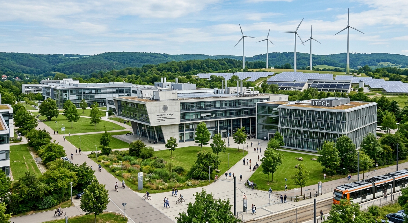 University of Stuttgart campus in Stuttgart-Vaihingen with modern engineering buildings, energy research laboratories, wind turbines and solar panels in the background, green campus landscape in Baden-Württemberg Germany