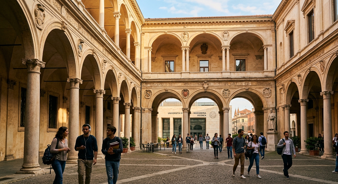 Historic University of Padua campus building with arched colonnades and courtyard, students walking through Italian Renaissance architecture, warm sunlight illuminating the stone facades, Vicenza campus engineering department in the background