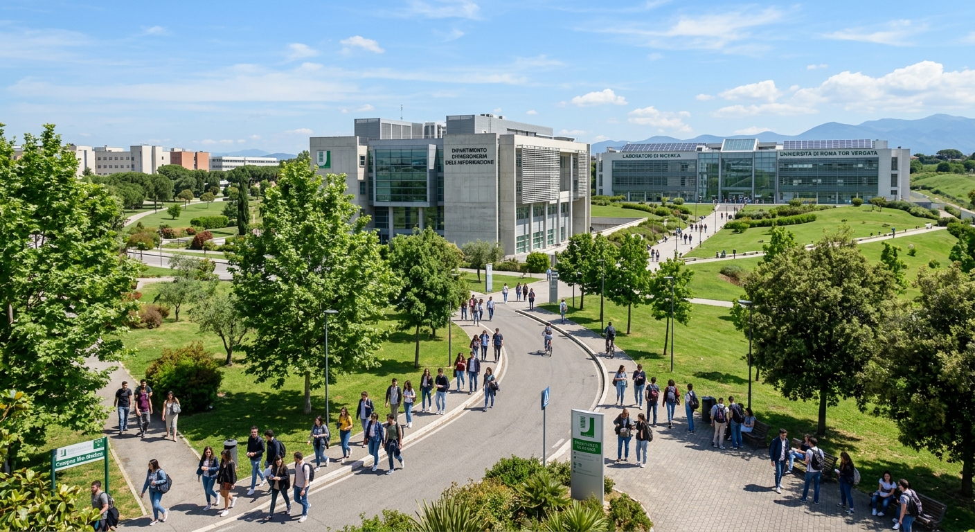 Modern university campus building at University of Rome Tor Vergata, green parkland surroundings, students walking along tree-lined pathways with research laboratories visible in the background, sunny Italian sky