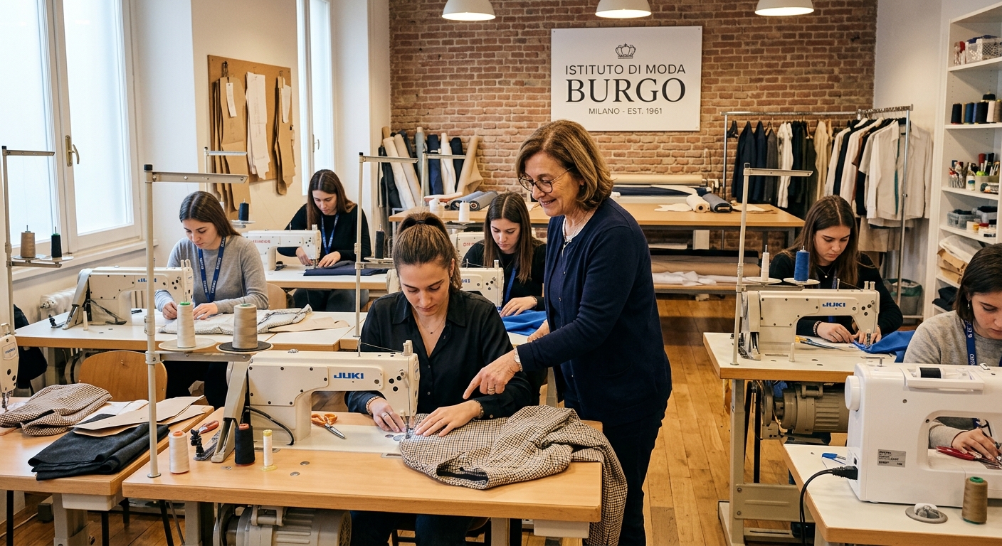 Istituto di Moda Burgo tailoring workshop, students working at sewing stations with fabric, professional lighting, small class setting with instructor guiding students
