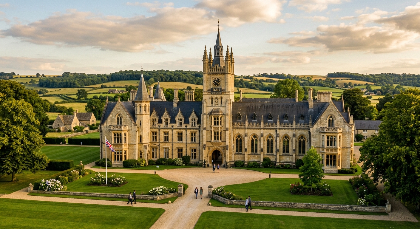 Royal Agricultural University main Victorian Gothic campus building with manicured green lawns, Cotswolds countryside in background, golden afternoon light, historic stone architecture with turrets and arched windows