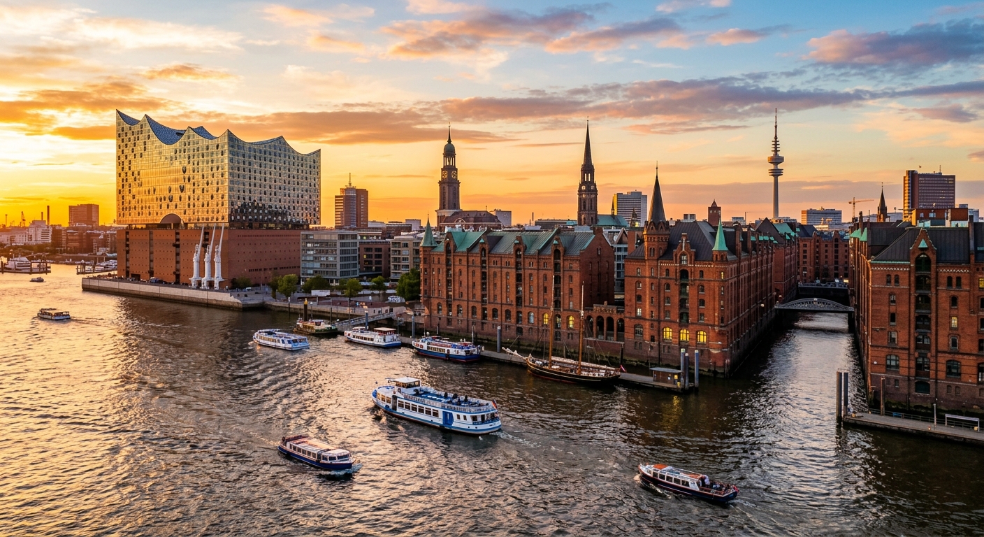 Hamburg city skyline at sunset, Elbphilharmonie concert hall on the waterfront, Speicherstadt warehouse district with red brick buildings, boats on the Elbe River, golden light reflecting on water
