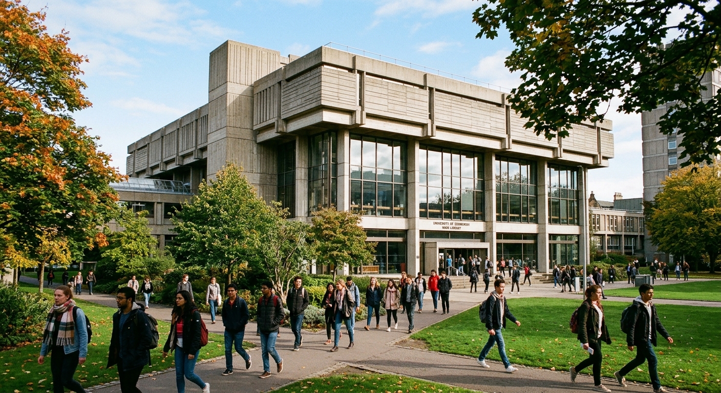 University of Edinburgh Main Library at George Square, modern brutalist building with large glass windows, students walking on pathways surrounded by green trees